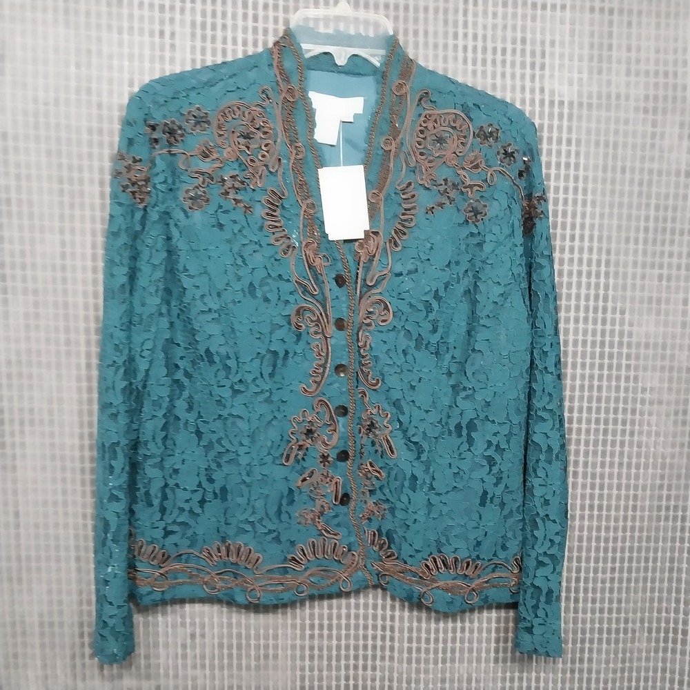 Coldwater Creek Lace Jacket Shirt Womens Embroidered Soutache Beaded PM Teal